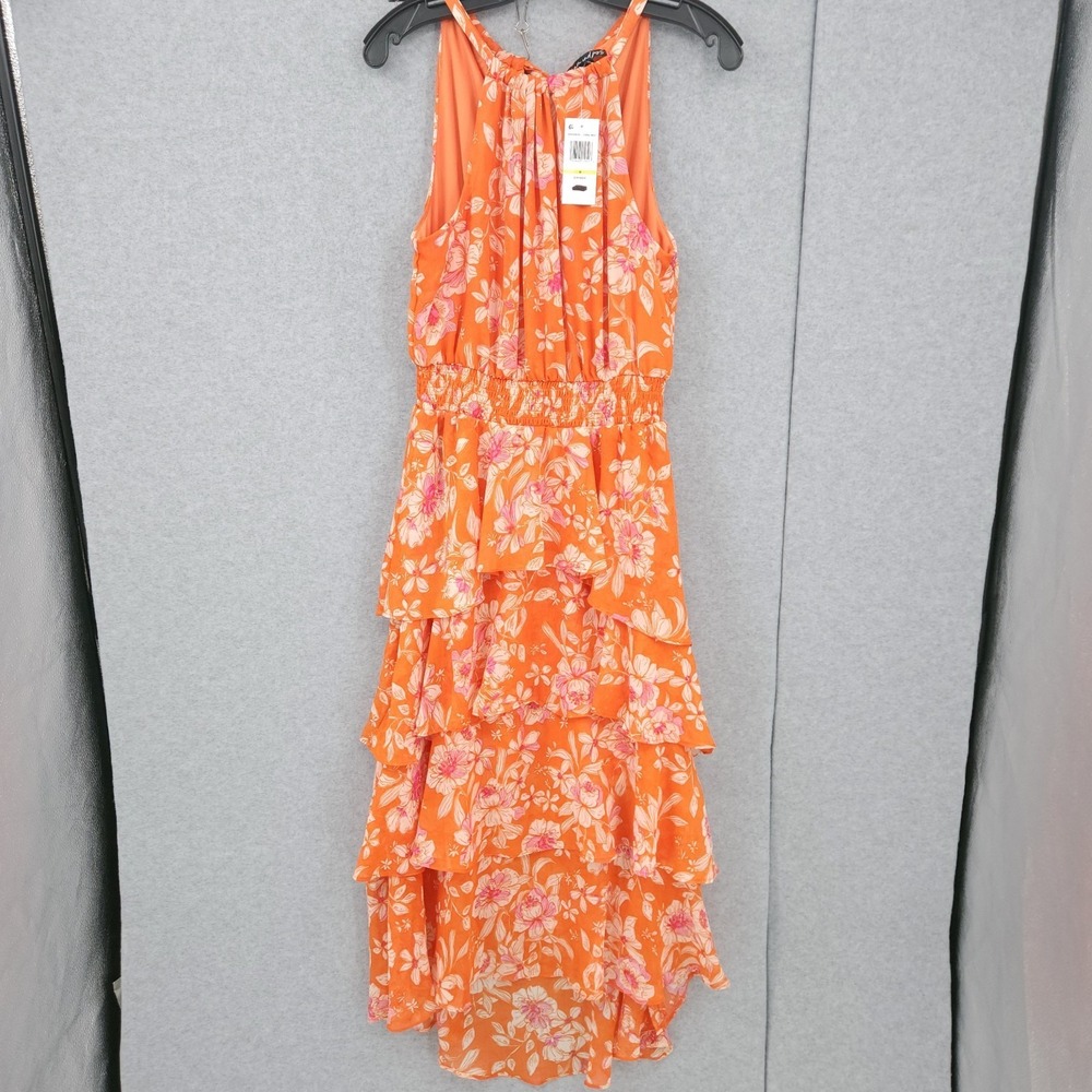 Sam & Jess Ruffle Neck Smocked Waist Maxi Coral Multi Dress Womens Size M NWT